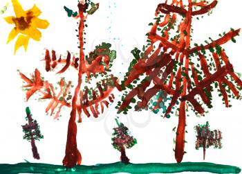 childs drawing - two spruce trees in summer day