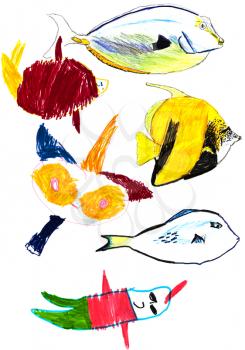 childs drawing - tropical fishes and abstract animals