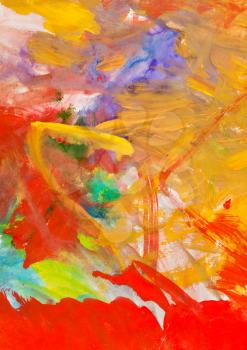 childs painting - palette with red and yellow textured gouache brush strokes
