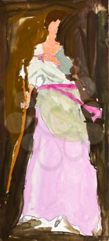 childs painting - woman in long rural dress with wooden staff