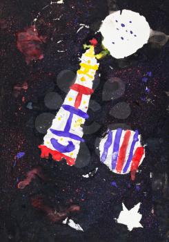 childs painting - planets and rocket in black space