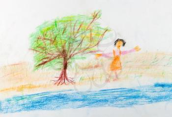 childs drawing - merry girl near river in garden