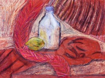 childs painting - still life with milk bottle and lemon on red drape