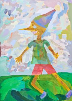 childs painting - Pinocchio on green lawn
