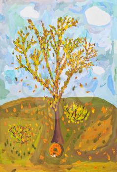 childs painting - falling yellow leaves from autumn tree