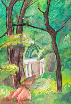 childs painting - old ruins in green summer park