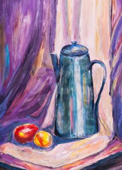 childs painting - still life with big metal coffee pot