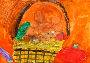 child painting - basket with autumn harvest of vegetables