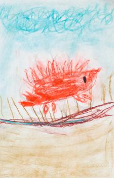 childs drawing - red hedgehog runs on ground