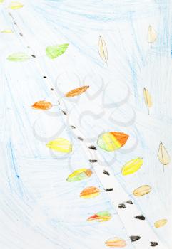childs drawing - birch tree with yellow leaves in autumn