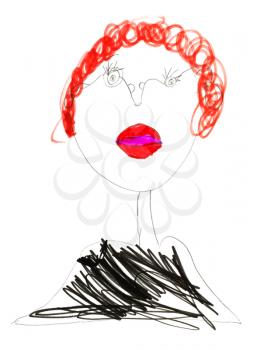 childs drawing - woman with red hair and red lips