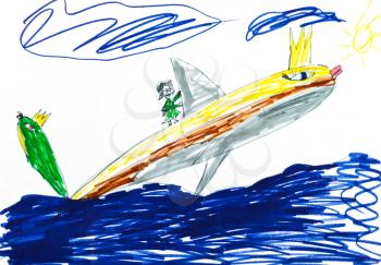 childs drawing - girl on whale queen in sea