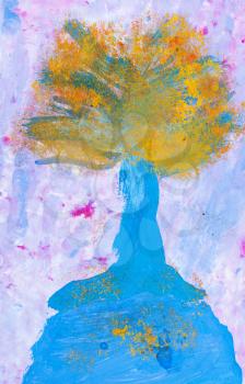 childs painting - autumn yellow leaves tree with blue trunk