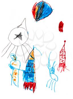 childs drawing - sputnik, rockets and space program