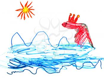 childs drawing - fish queen with crown in blue sea