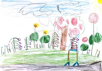childs drawing - green meadow in forest in sunny day