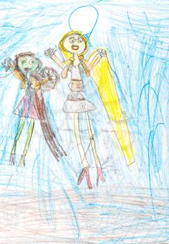 childs drawing - two happy talking girls and blue sky