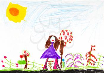 childs drawing - happy girl near flowers field under sun