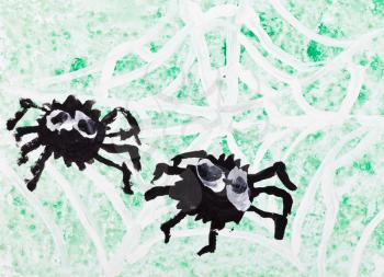 childs drawing - two black spiders in white web