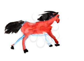 childs painting - galloping red horse with black mane
