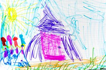 childs drawing - fairy pink hut with blue wings and dwarfs under sun