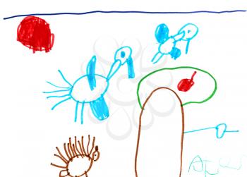 childs drawing - two flying storks under tree and small hedgehog