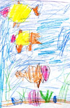childs drawing - fishes in blue sea water