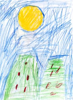 childs drawing - green houses under yellow sun and blue sky