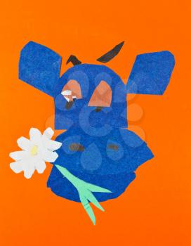 childs applique - blue head of happy cow with flower in mouth