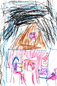 childs drawing - girl in drinks tea in pink country house at night