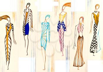 sketch of fashion model - different elegant summer dresses