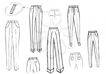 sketch of fashion model - finishing details of women trousers
