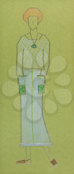 sketch of fashion model - sketch of knitted women wear - sweater and long skirt with pockets