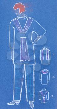 sketch of fashion model - sketch of women casual and home clothing - jacket with scarf and pants