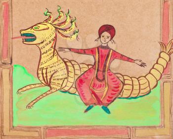 historical clothes - arab prince flying on dragon stylized under medieval Persian miniatures