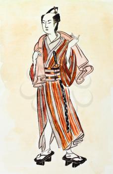 historical clothes - Japanese Samurai man in traditional dress stylized under print of Isoda Koryusai 1770 years
