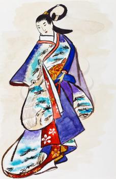 historical clothes - Japanese young woman in traditional dress stylized under print of Kaigetsudo Ando (Ando Yasunori) 14th century