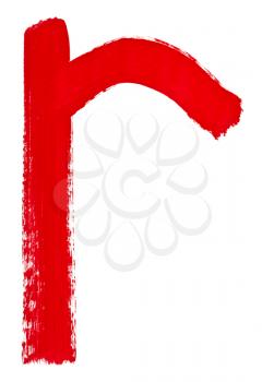 letter R hand painted by red brush on white background