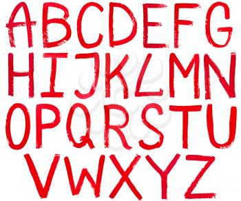 set of english capital letters hand written by red paint on white background