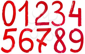 set of Arabic numerals hand written by red paint on white background