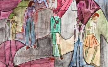 model of woman clothing - stylized group of people on abstract street