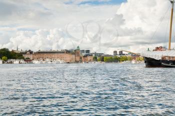 panorama of Stockholm, Sweden from sea side in autumn day