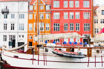 tall ship in Nyhavn waterfront, canal and entertainment district in Copenhagen, DEnmark