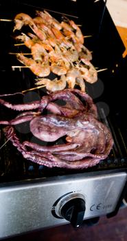 octopus and shrimps on electric grill