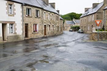 street in Brittany town Treguier, France in rainy day