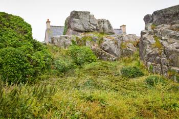 back yard of country Breton stone house in Brittany, France