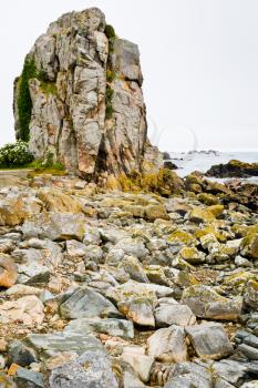 old granite rock on coast of La Manche in Bretagne, France