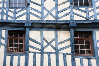 wall of medieval timber framing house in Treguier, Brittany, France