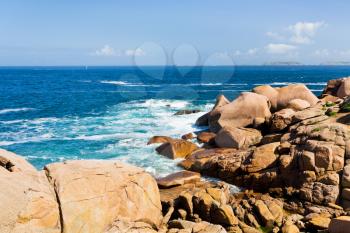 Pink Granite Coast in Brittany in sunny day, France
