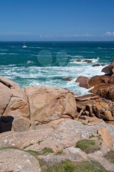 sea and the rocks on Pink Granite Coast in France